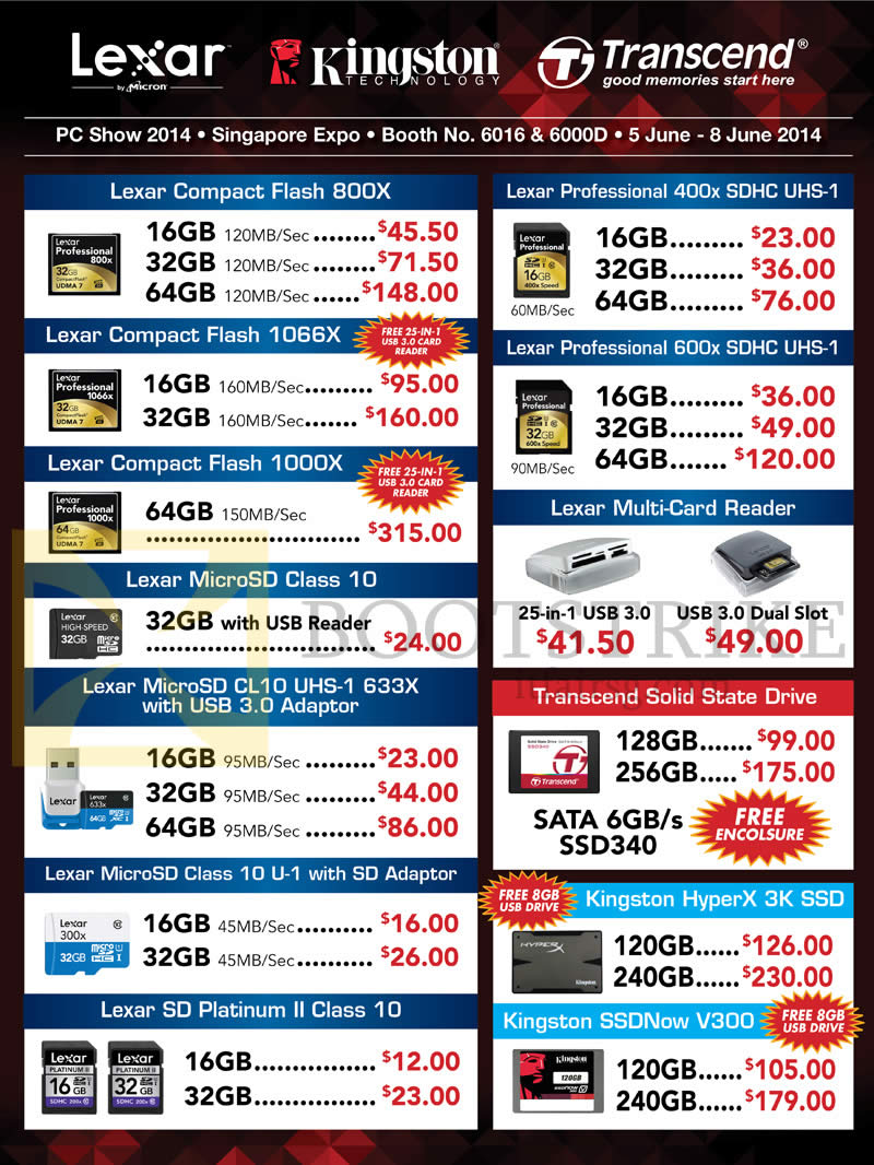 PC SHOW 2014 price list image brochure of Convergent Flash Memory Cards Kingston, Lexar, Transcend, Compact Flash CF, MicroSD, UHS-1, Hyper X 3K SSD, SSDNow V300