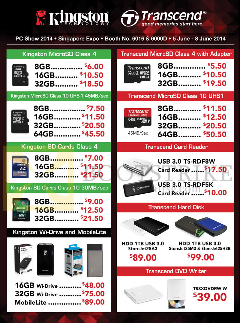 PC SHOW 2014 price list image brochure of Convergent Flash Memory Cards Kingston, Transcend, MicroSD Class 4, 10 UHS1, Wi-Drive, MobileLite, Hard Disk, DVD Writer