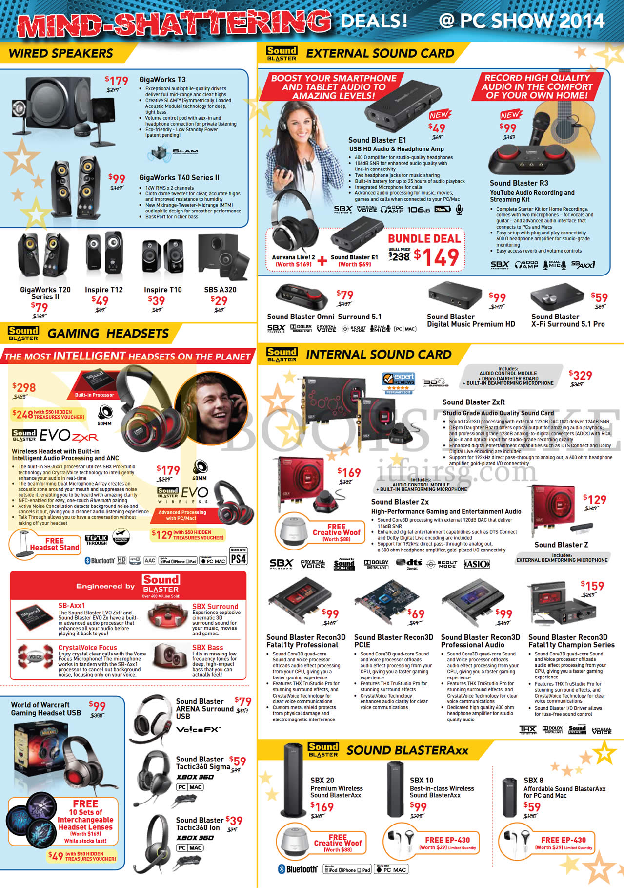 PC SHOW 2014 price list image brochure of Creative Speakers, Soundcard, Gaming Headsets, Sound Blaster Axx, Gigaworks T3, T40 Series, Evo ZXR, E1, R3, ZX, SBX 20, 10, 8