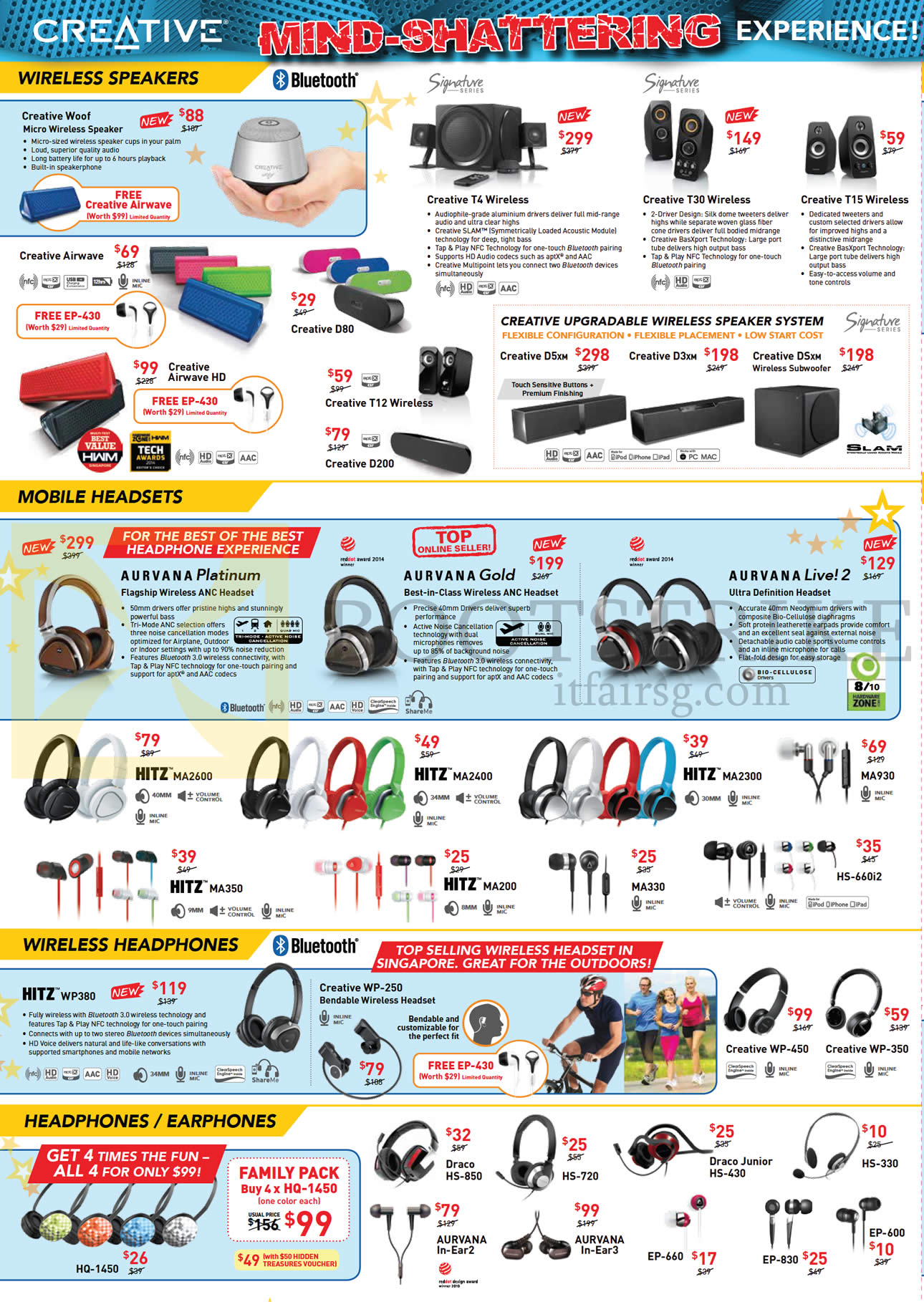 PC SHOW 2014 price list image brochure of Creative Wireless Speakers, Mobile Headsets, Headphones, Earphones Creative T4, T30, T15, Aurvana Platinum, Gold, Live 2, Hitz MA2600, 2400, 2300, 930, 350, 200, 330, HS-660i2