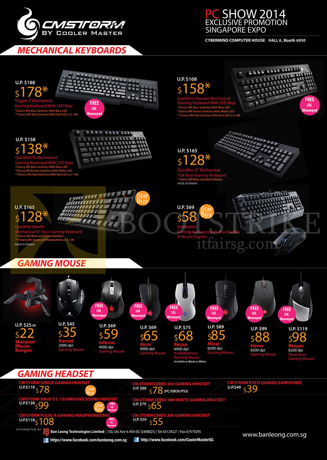 PC SHOW 2014 price list image brochure of Cybermind Cooler Master CMStorm Mechanical Keyboards, Gaming Mouse, Headsets, QuickFire Devastator Reaper Havoc Sonus Sirus Pulse Ceres