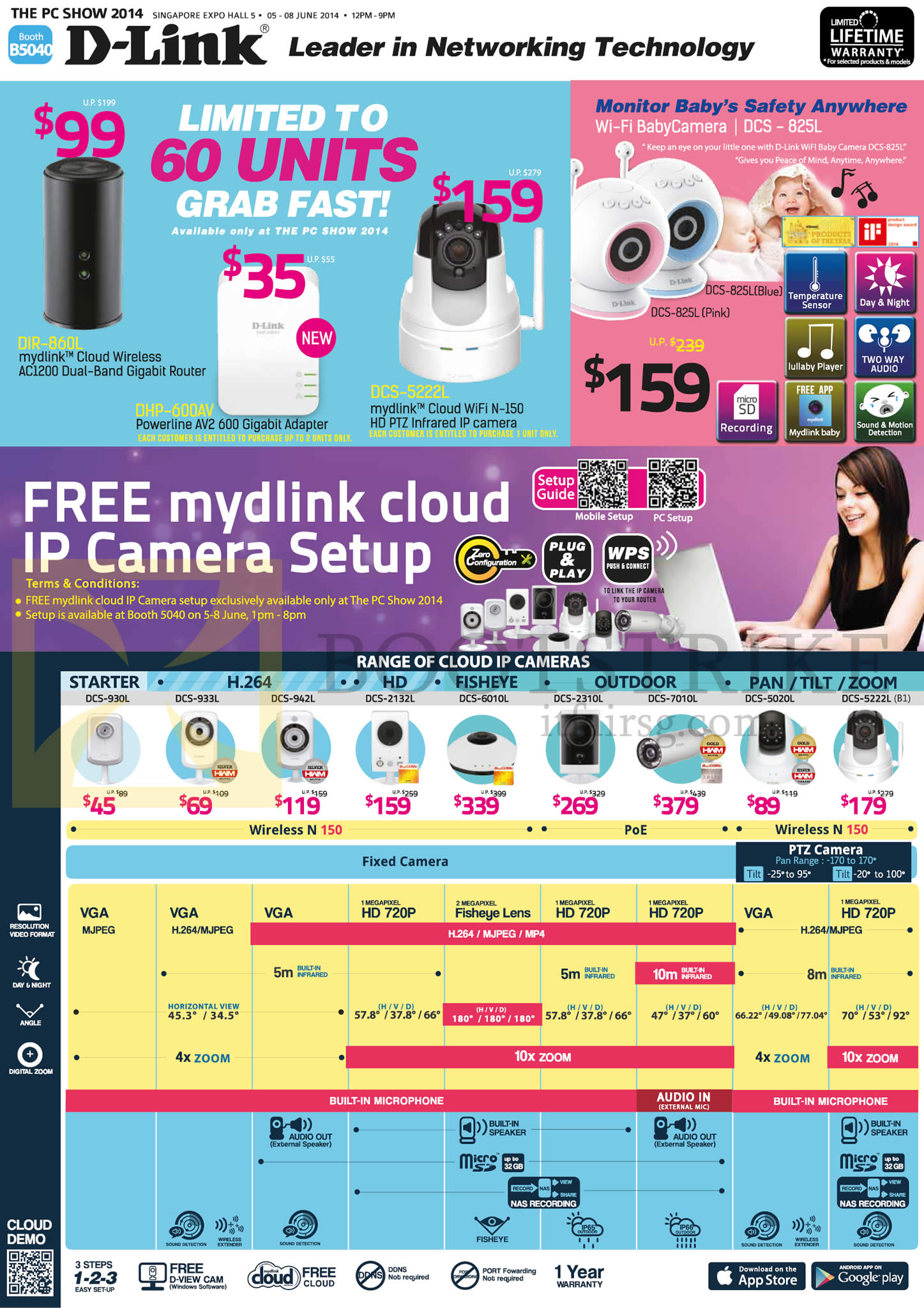 PC SHOW 2014 price list image brochure of D-Link Networking IP Cameras IPCam DCS-825L, 930L, 933L, 942L, 2132L, 6010L, 2310L, 7010L, 5020L, 5222L