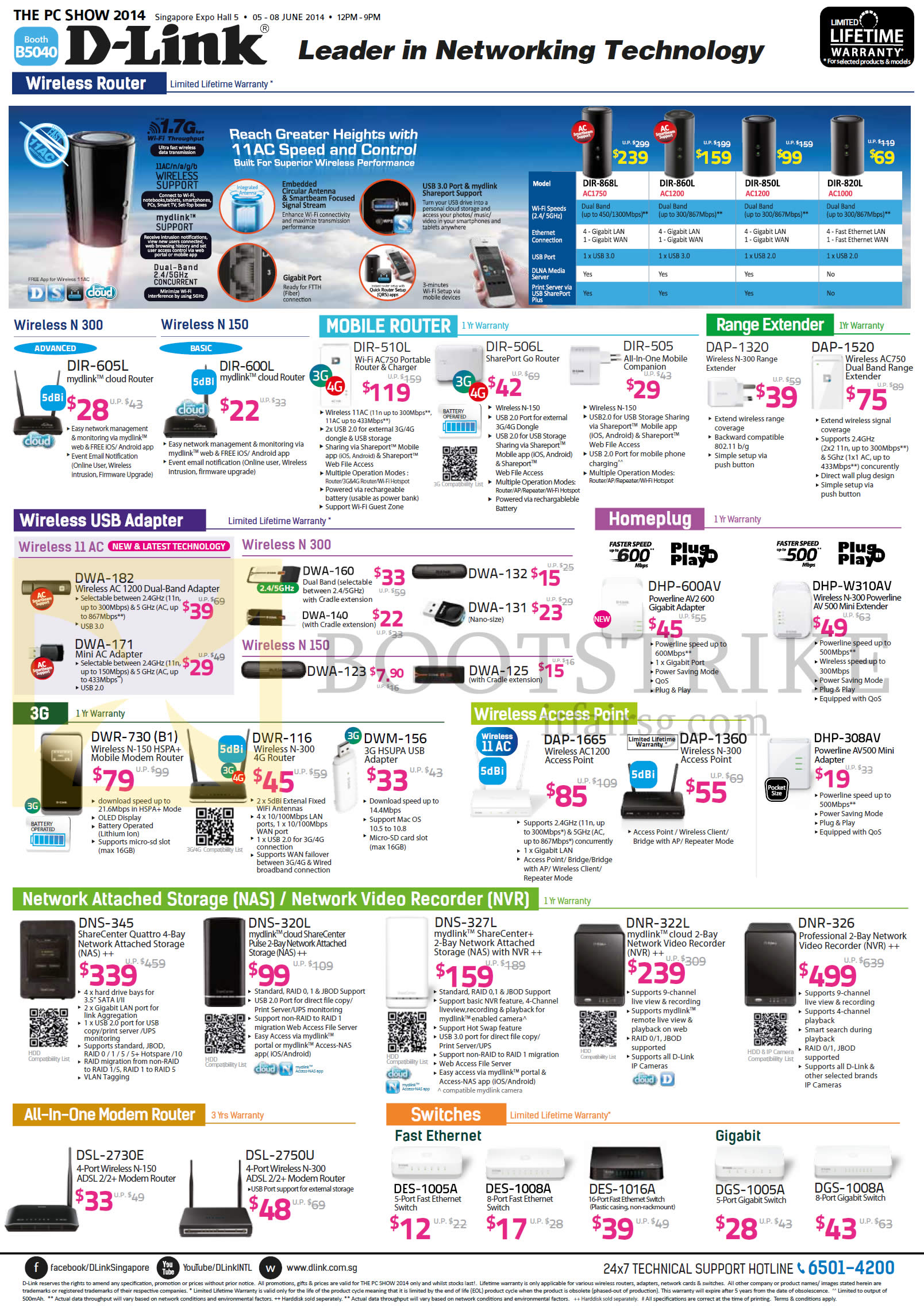 PC SHOW 2014 price list image brochure of D-Link Networking Wireless USB Adapters, Homeplugs, NAS, NVR, Router, Switches, DIR-605L, 600L, 510L, 506L, 505, DAP-1320, 1520, DWR-730, 116, DNS-345, 320L, 327L