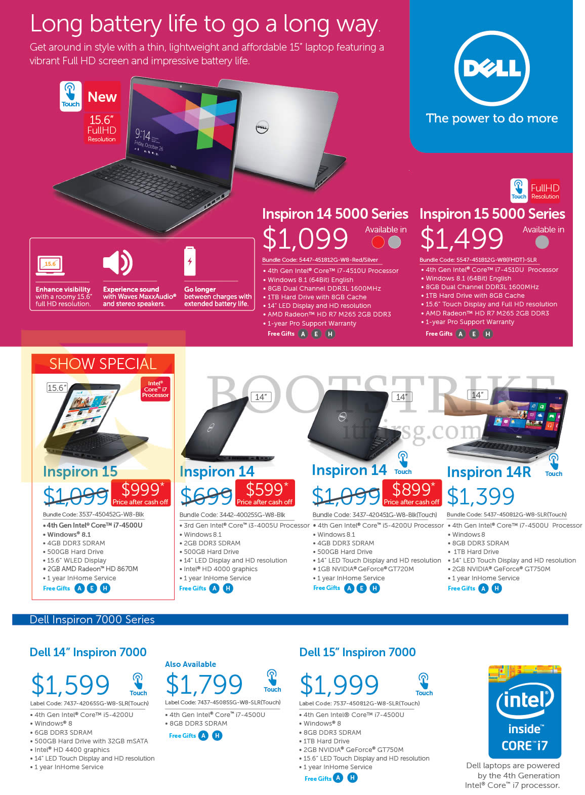 PC SHOW 2014 price list image brochure of Dell Notebooks Inspiron 14 5000 Series, 15 5000 Series, 14R, 15 Inspiron 7000, 15 Inspiron 7000