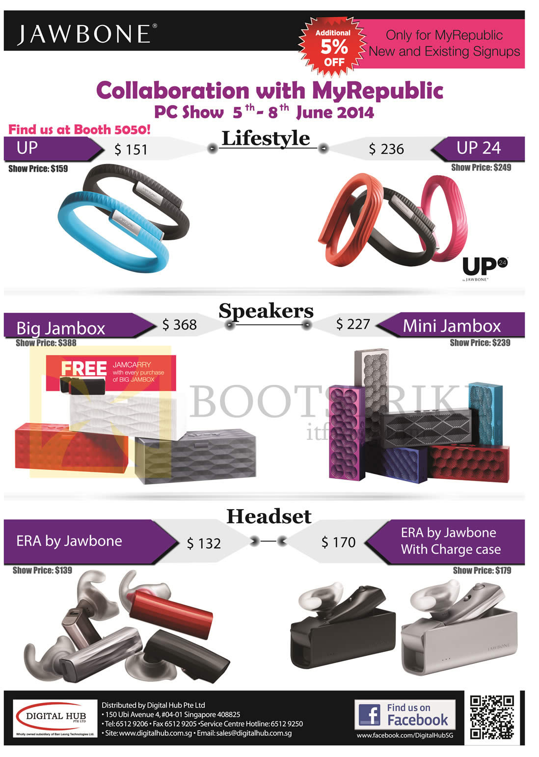 PC SHOW 2014 price list image brochure of Digital Hub MyRepublic Jawbone Speakers, Headset, Big Jambox, Mini Jambox, Era