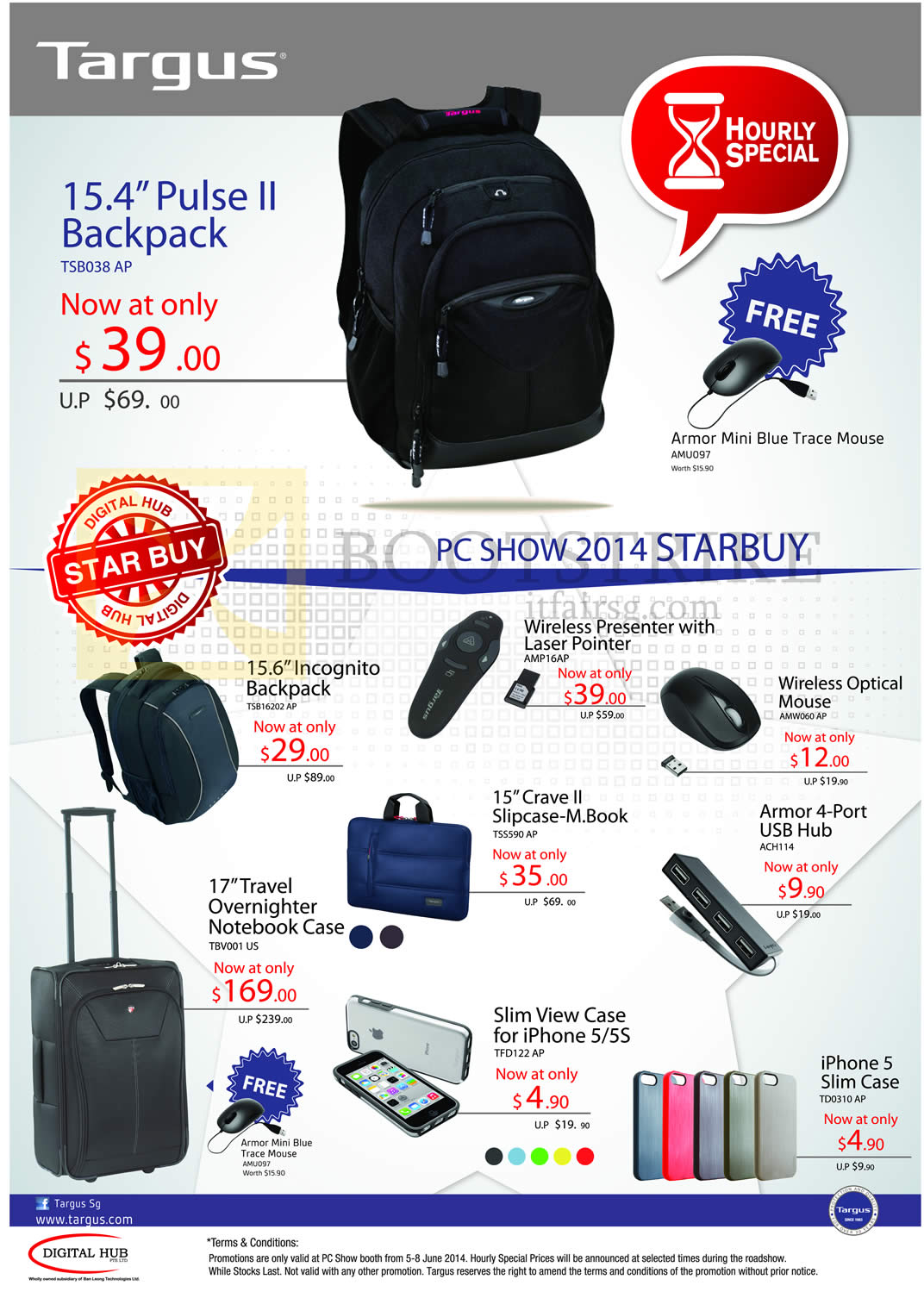 PC SHOW 2014 price list image brochure of Digital Hub Targus Backpacks Pulse II, Incognito, Optical Mouse, Crave II Slipcase M Book, IPhone Slim Case