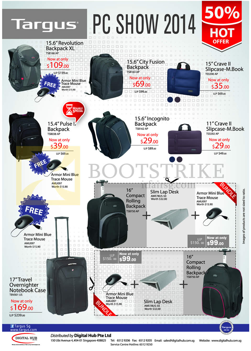 PC SHOW 2014 price list image brochure of Digital Hub Targus Backpacks Revolution, Backpack, Crave II, Incognito, Pulse II, Travel Overnighter