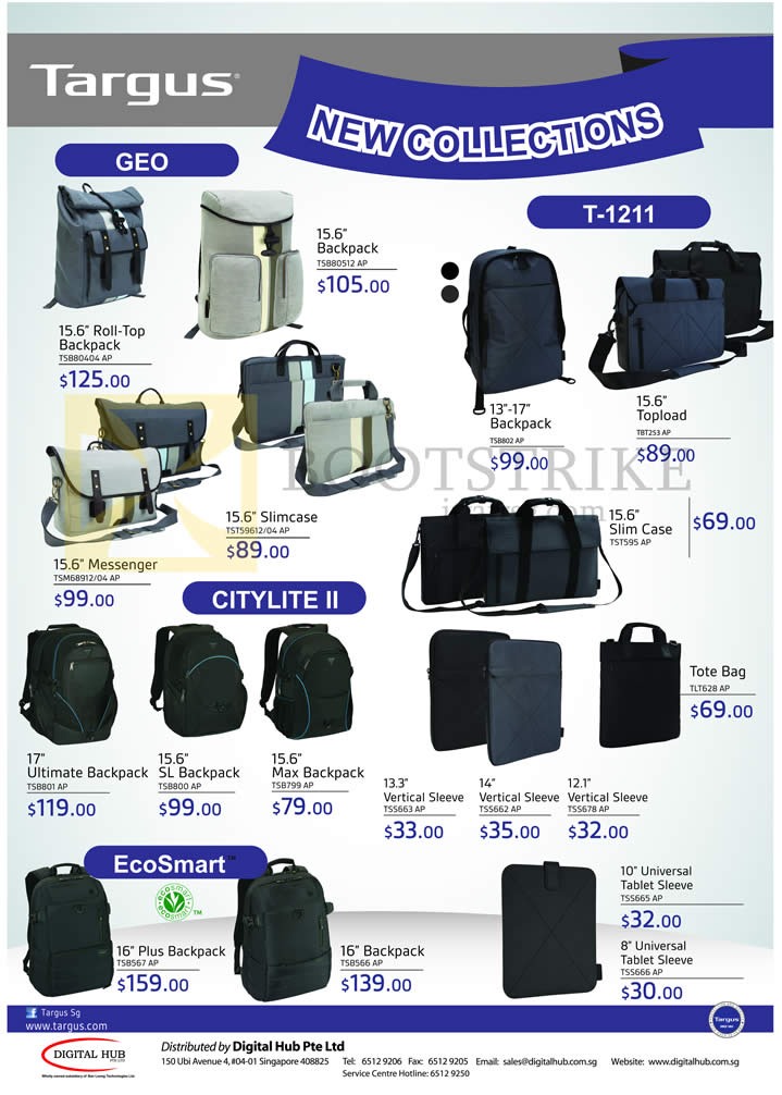PC SHOW 2014 price list image brochure of Digital Hub Targus Backpacks Roll-Top, Messenger, Topload, Tote Bag, Universal Tablet Sleeve