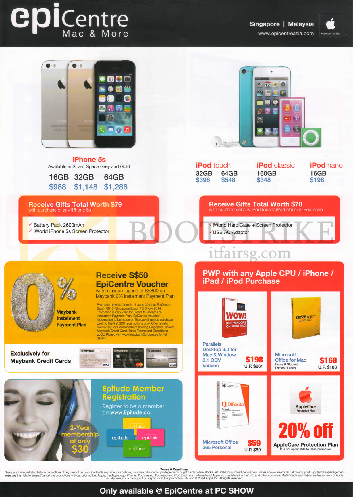 PC SHOW 2014 price list image brochure of EpiCentre Apple Mobile Phones IPhone 5S, IPod Touch, Classic, Nano, Parallels, Office 365