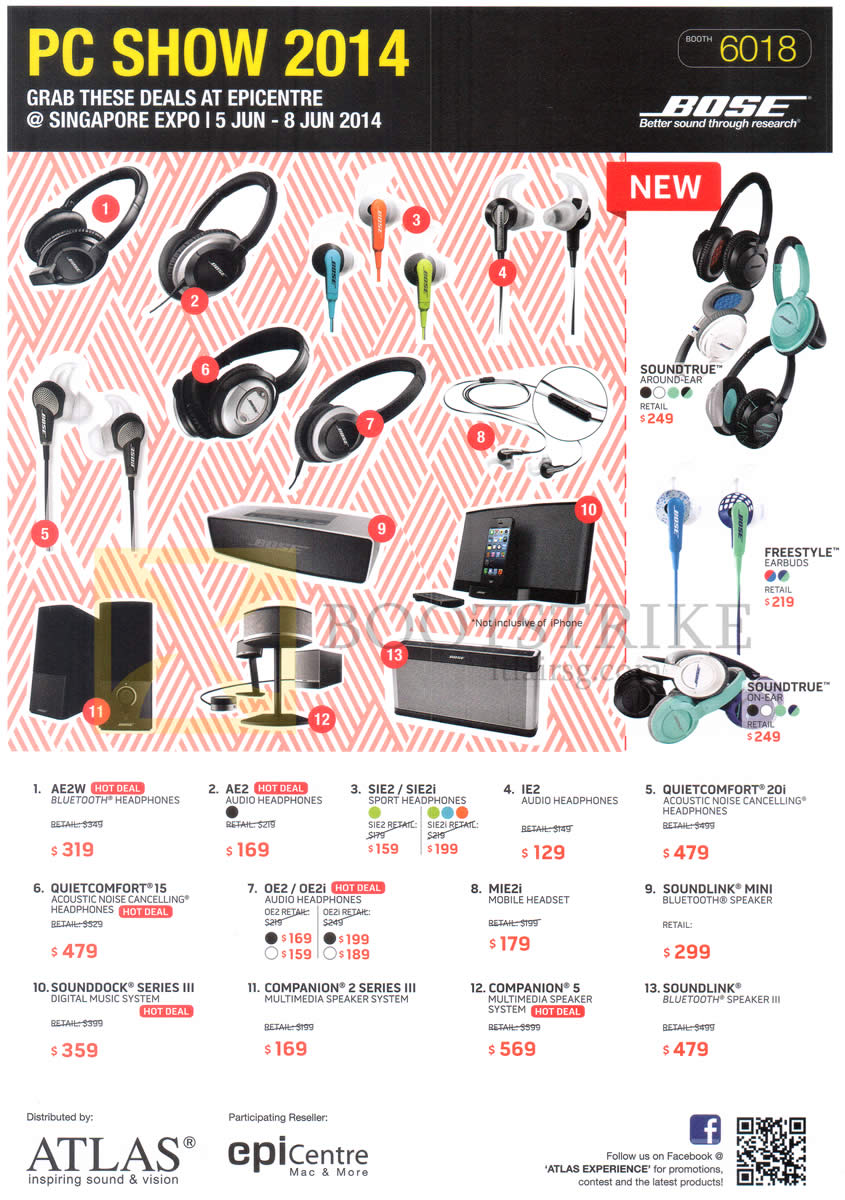 PC SHOW 2014 price list image brochure of EpiCentre Bose Headphones, Headset, Speakers, Digital Music System AE2W, IE2, MIE2, SoundDock Series III, Companion 5, Soundlink