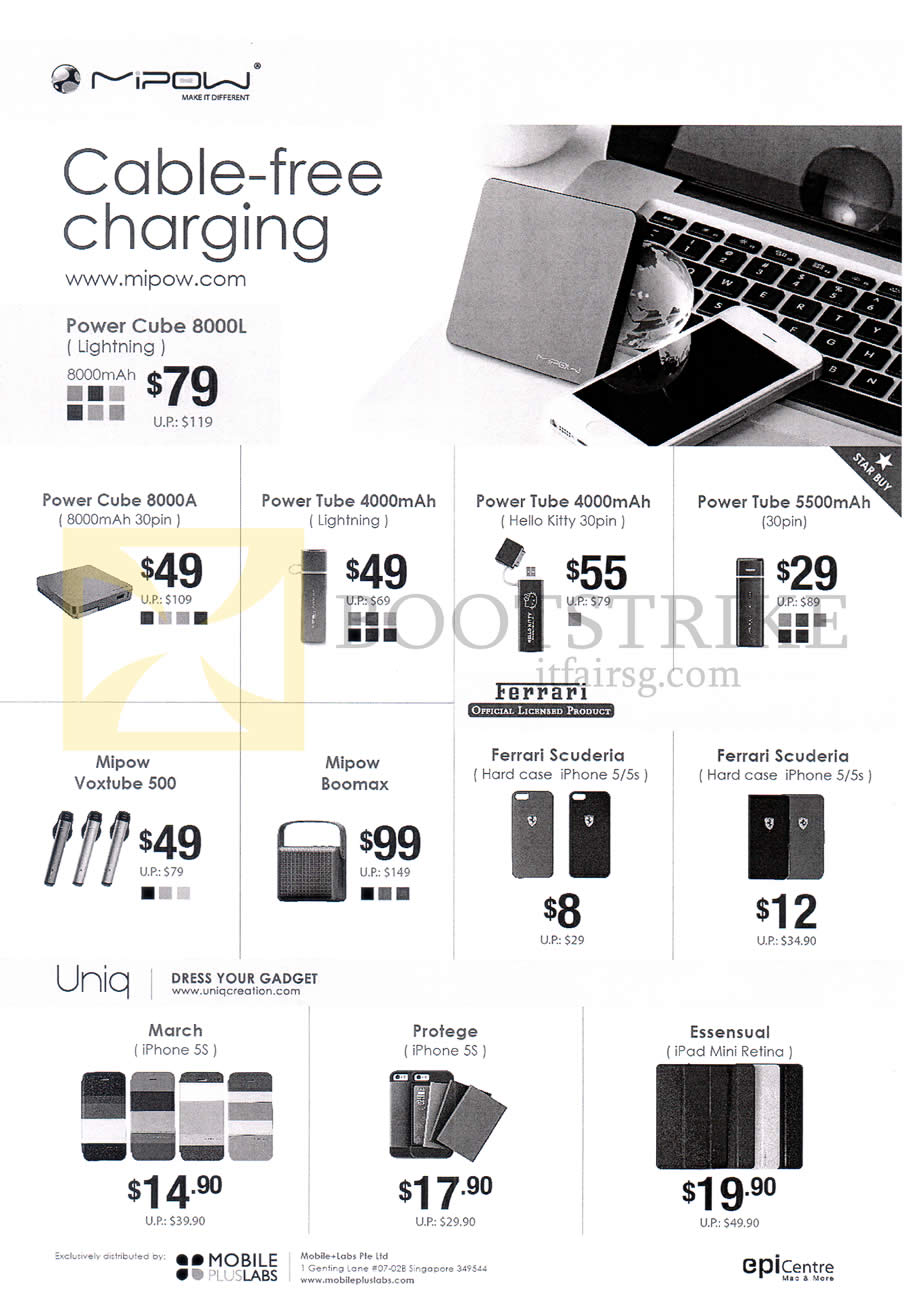 PC SHOW 2014 price list image brochure of EpiCentre MiPow Power Banks Power Cube 8000A, Power Tube 4000mAh, 5500mAh, Mipow Voxtube 500, Boomax, Ferrari Scuderia