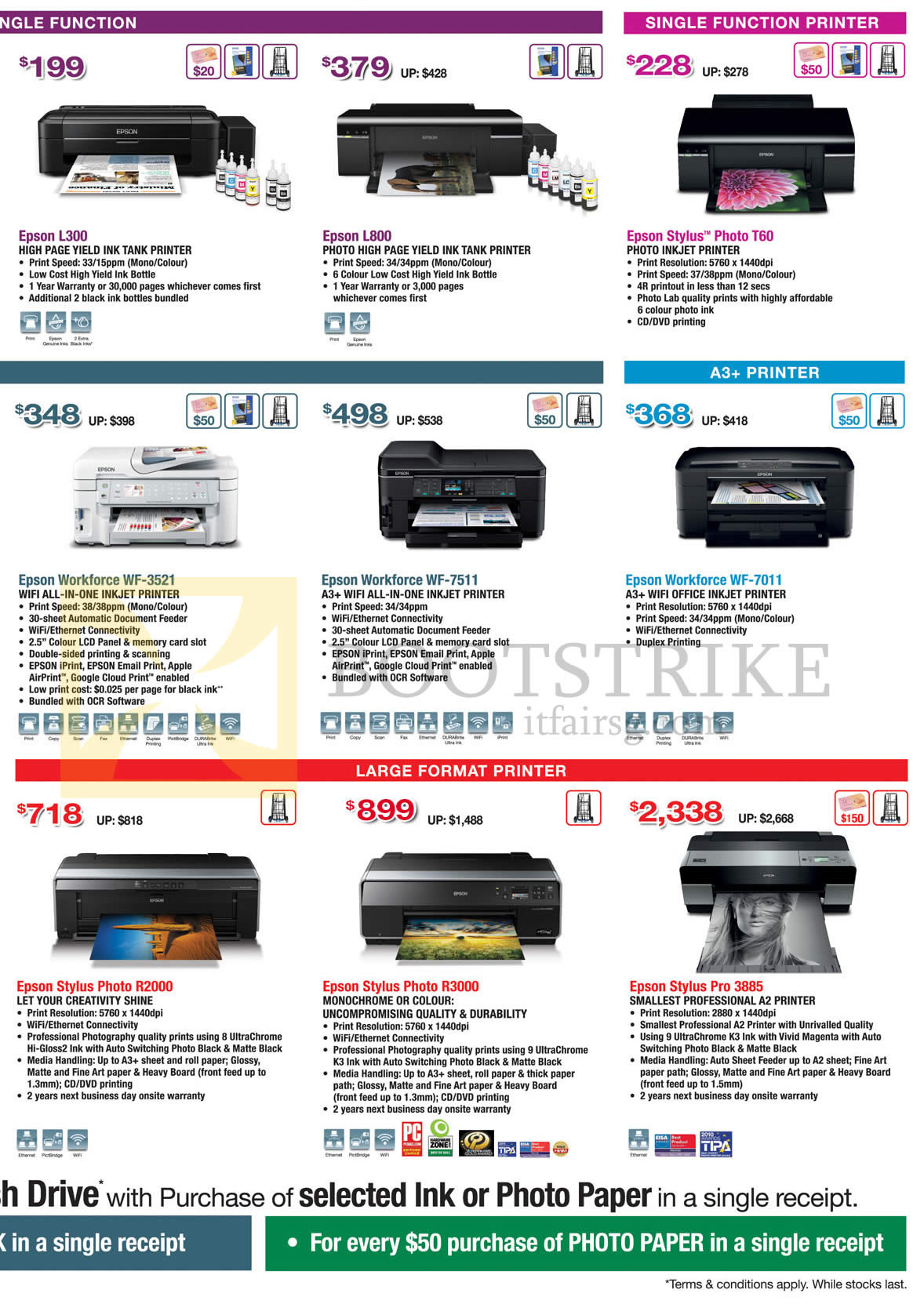 PC SHOW 2014 price list image brochure of Epson Printers Inkjet L300, L800, Stylus Photo T60, R2000, R3000, Stylus Pro 3885, Workforce WF-3521, 7511, 7011