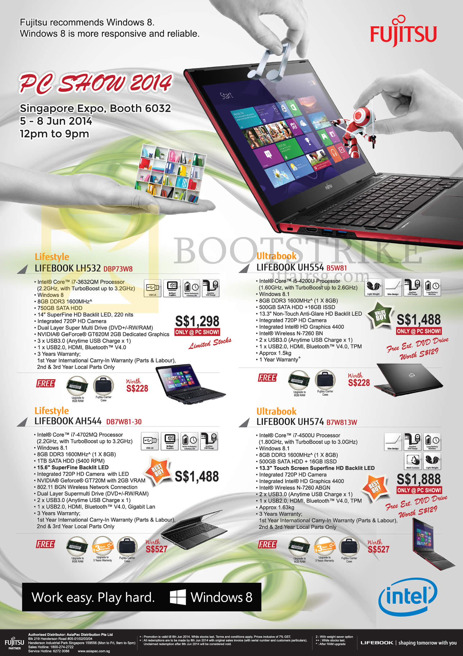 PC SHOW 2014 price list image brochure of Fujitsu Notebooks Lifebook LH532 DBP73W8, UH554 B5W81, AH544 DB7W81-30, UH574 B7W813W
