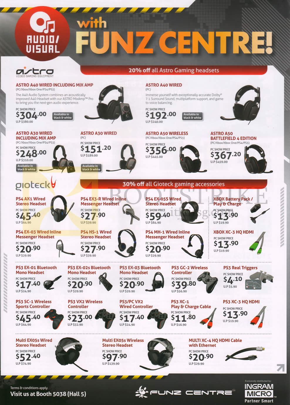 PC SHOW 2014 price list image brochure of Funz Centre Accessories, Astro, Gioteck Headsets, A40, A30, A50, AX1, PS4 EX3-R, 05S, HS-1, MH-1, XC-3, EX-01, 02s, 03, GC-2, PS3-XC1, VX2, SC-1, XC-3, EXO5s, XC-4 HQ