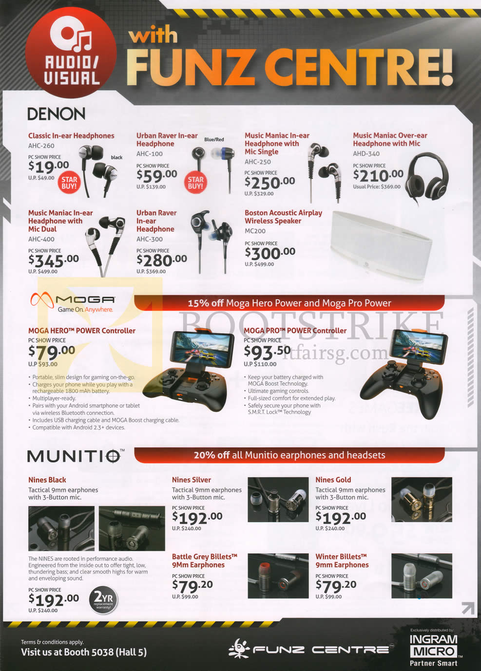 PC SHOW 2014 price list image brochure of Funz Centre Denon, Moga, Munito, Headphones, Earphones, Power Controller, Headsets, AHC-260, 100, 250, 340, 400, 300, MC200, Nines