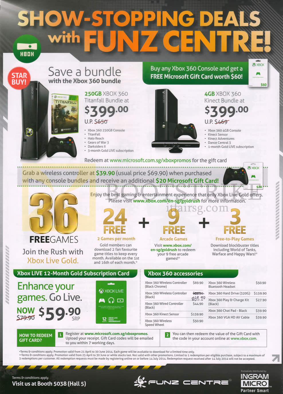PC SHOW 2014 price list image brochure of Funz Centre Microsoft Xbox 360 Bundle, Kinect Bundle, Live Gold, Accessories, Wireless Controler, Sensor, Wheel
