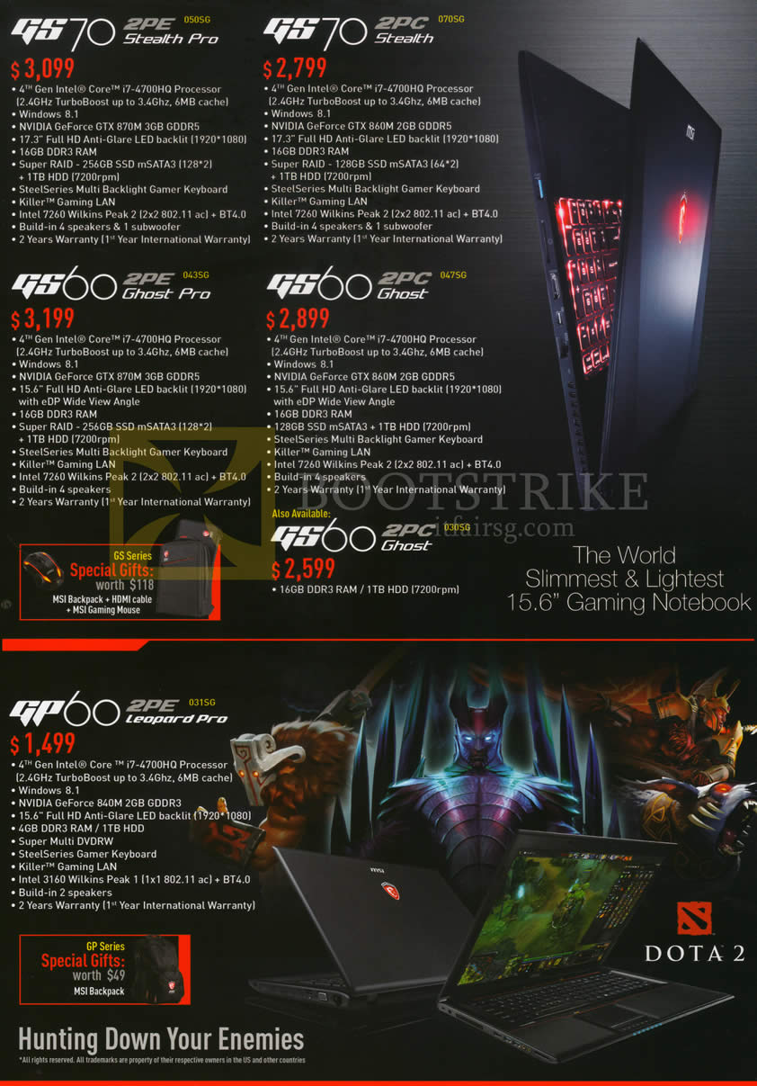 PC SHOW 2014 price list image brochure of Gamepro MSI Notebooks GS70 2PE 050SG, 2PC 070SG, GS60 2PE 043SG, 2PC 047SG, GP60 2PE 031SG