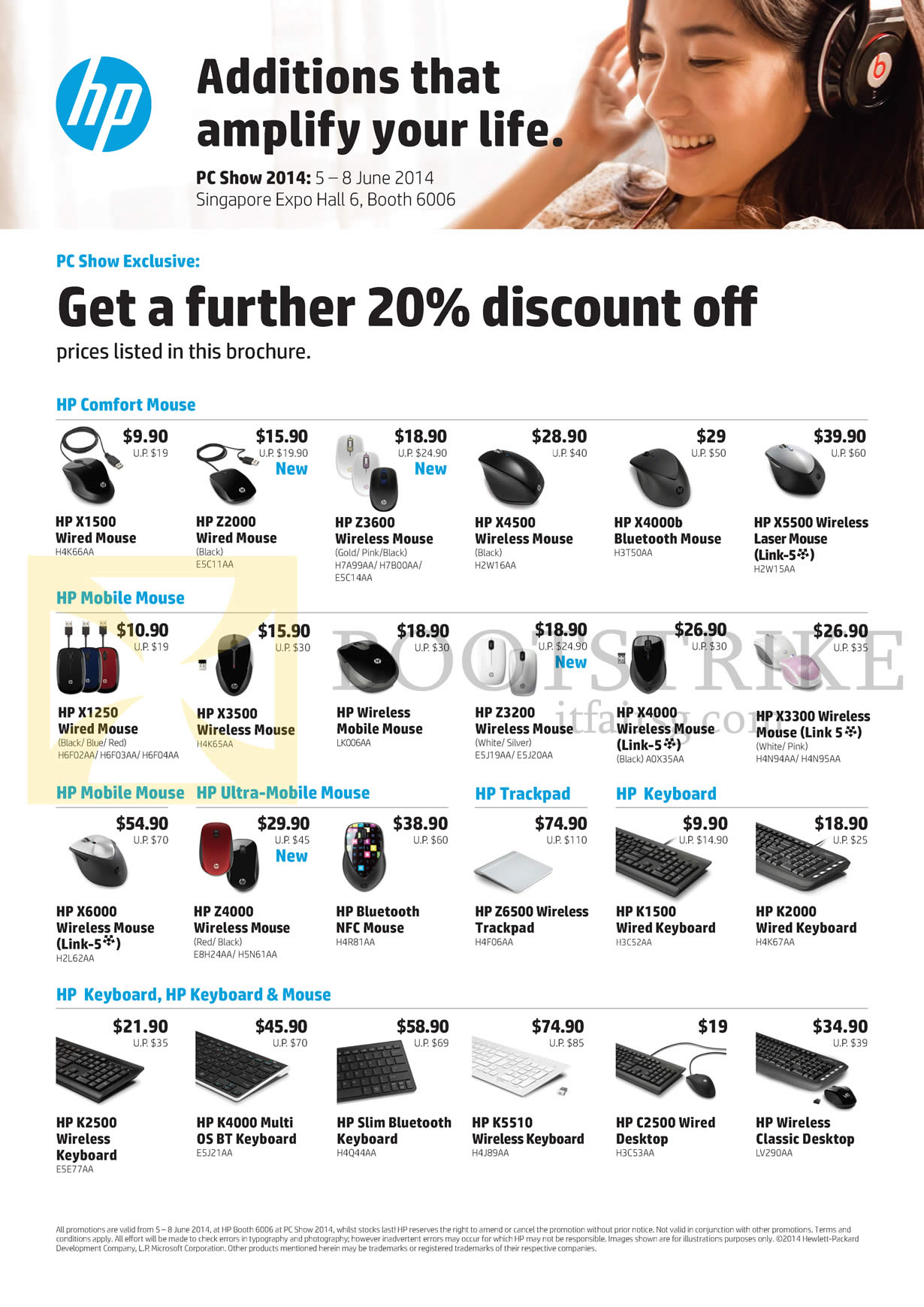 PC SHOW 2014 price list image brochure of HP Accessories Mouse, Mobile Mouse, TrackPad, Keyboard, X1500, Z2000, Z3600, X4500, X4000b, X5500, X1250, Z4000, K1500, C2500, K2500