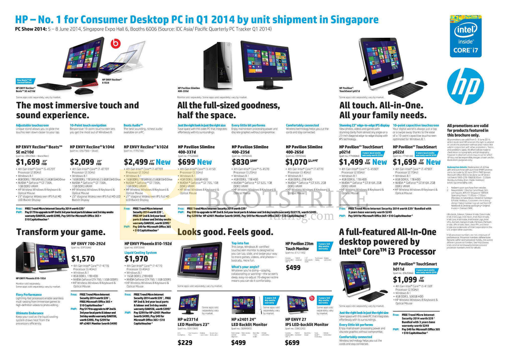 PC SHOW 2014 price list image brochure of HP Desktop PCs, AIOs, Monitors, Envy Recline K014d, K102d, Pavilion Slimline 400-337d, 400-235d, 400-265d, TouchSmart P021d, P022d, H011d, Envy 27, X2401, 700-292d, 810-192d