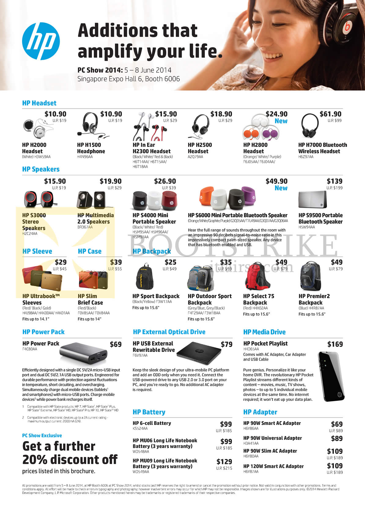 PC SHOW 2014 price list image brochure of HP Headsets, Speakers, Sleeve, Case, Backpacks, Batteries, Adapters, H2000, H1500, H2300, H7000, S3000, S6000, S9500