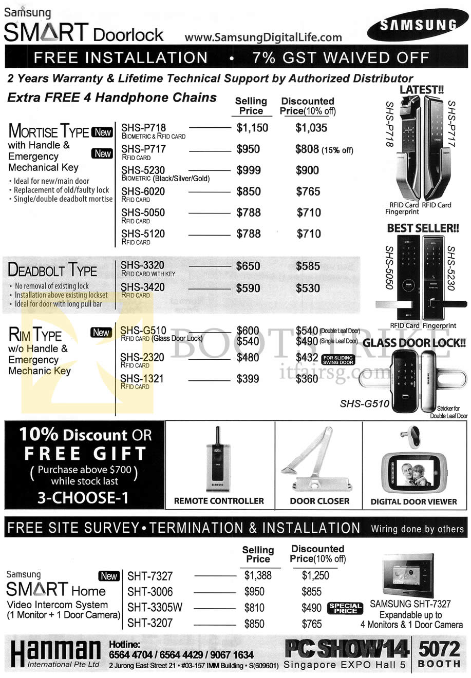 PC SHOW 2014 price list image brochure of Hanman Samsung Price List Smart Digital Door Locks Mortise, Deadbolt, Rim Types, Home Video Intercom System