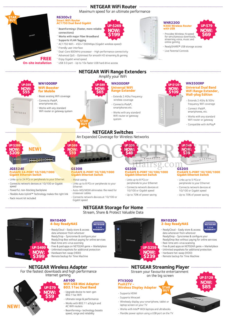 PC SHOW 2014 price list image brochure of Harvey Norman Netgear Networking Wireless Routers, Range Extender, Switches, NAS, USB Adapter A6100, Streaming Player PTV3000 R6300v3 WNR2200 RN10400 RN10200