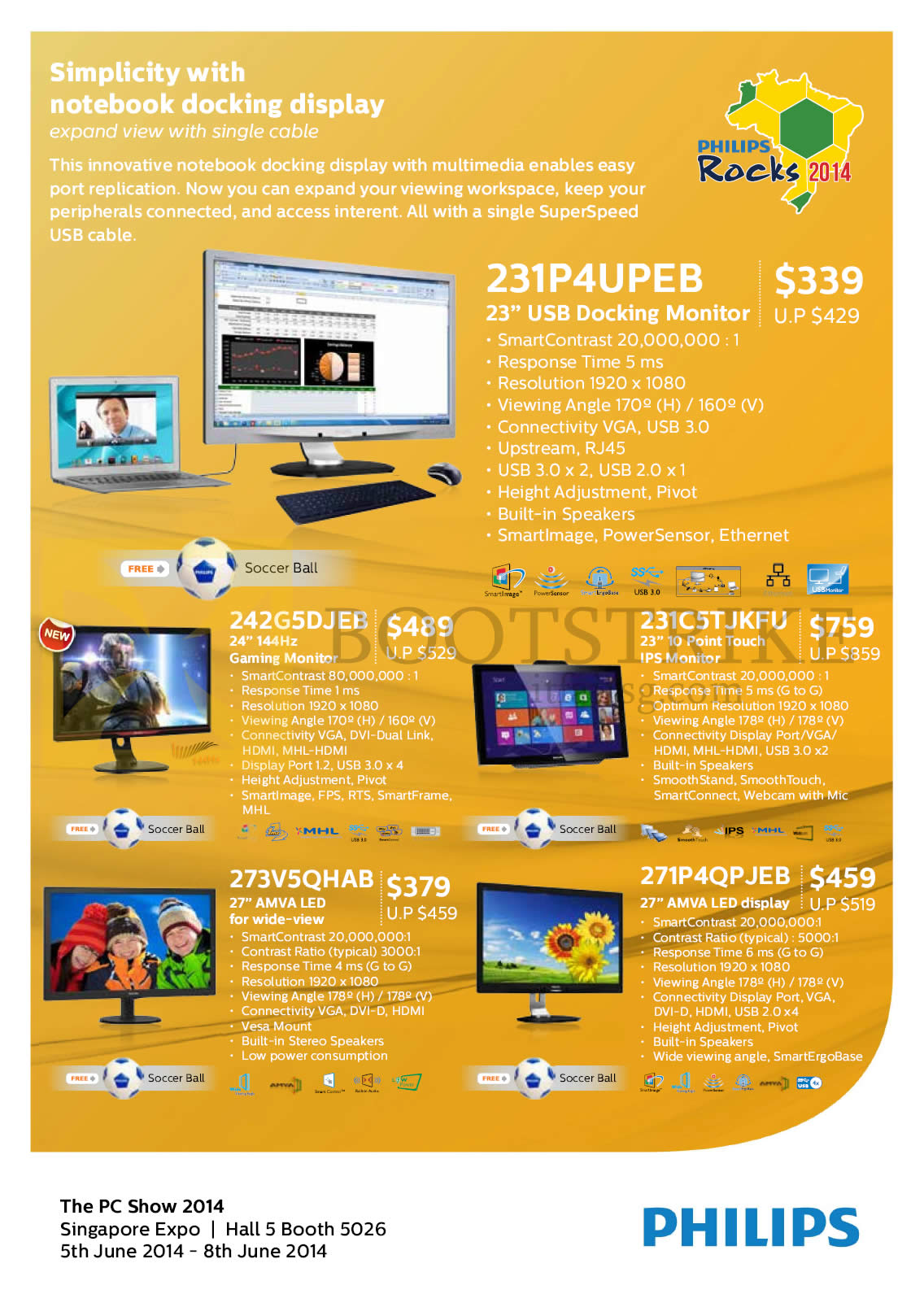 PC SHOW 2014 price list image brochure of Harvey Norman Philips Monitors 231P4UPEB, 242G5DJEB, 231C5TJKFU, 273V5QHAB, 271P4QPJEB