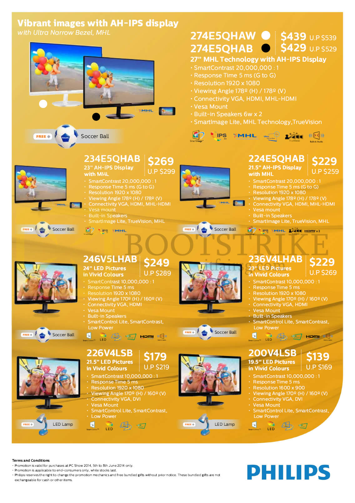 PC SHOW 2014 price list image brochure of Harvey Norman Philips Monitors 274E5QHAW, 274E5QHAB, 234E5QHAB, 224E5QHAB, 246V5LHAB, 236V4LHAB, 226V4LSB, 200V4LSB