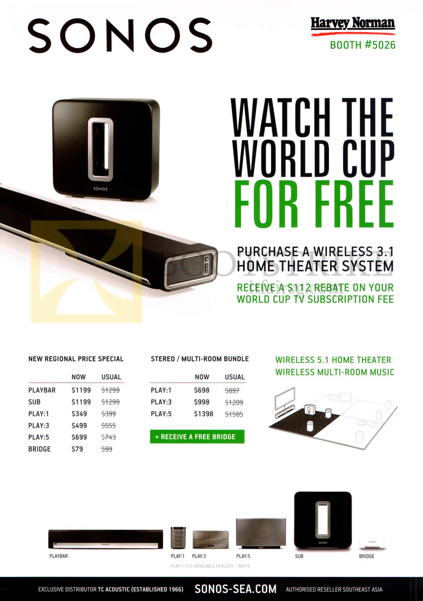 PC SHOW 2014 price list image brochure of Harvey Norman Sonos Wireless 3.1 Home Theatre System, Playbar Sub Bridge