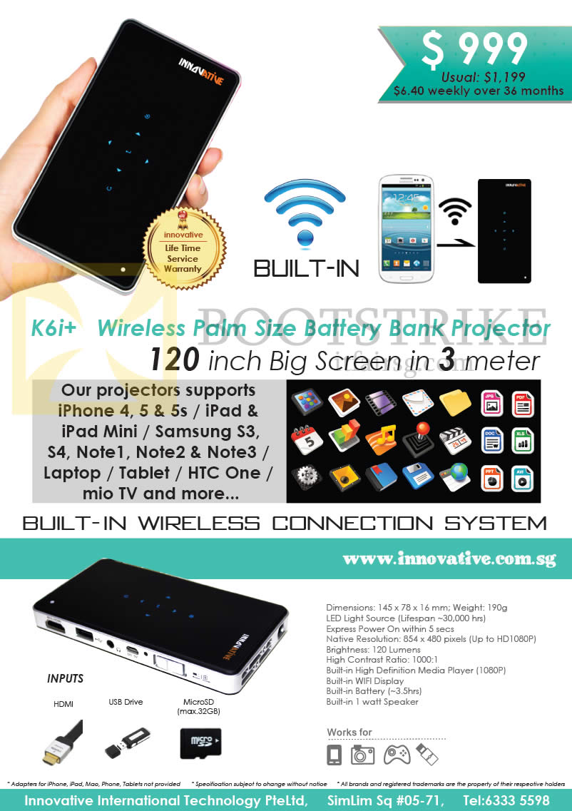 PC SHOW 2014 price list image brochure of Innovative K6i Plus Battery Bank Projector