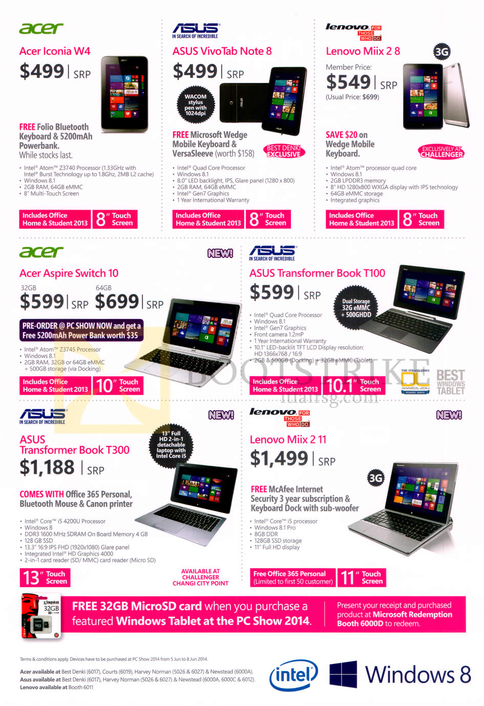 PC SHOW 2014 price list image brochure of Intel Windows Mobile Phones, Notebooks, Acer Iconia W4, Aspire Switch 10, Transformer Book T300, VivoTab Note 8, Transformer Book T100, Lenovo Miix 2 8, 2 11
