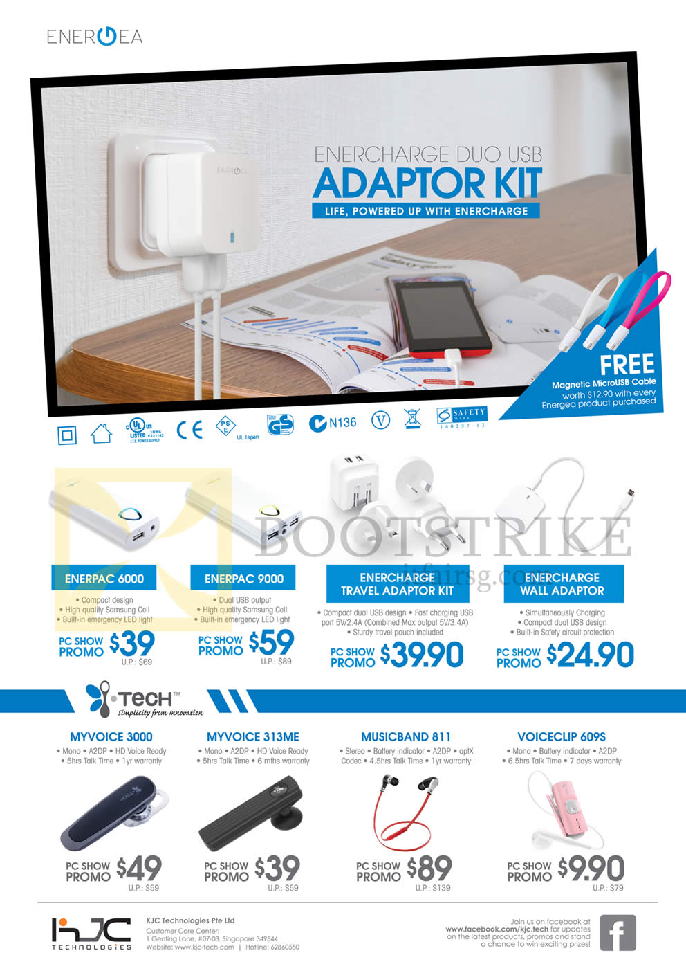 PC SHOW 2014 price list image brochure of KJC Energea Powerbanks Enercharge Duo USB Adapter Kit, Enerpac, I-Tech MyVoice Bluetooth Headsets 3000 313ME Musicband 811 Voiceclip 609S