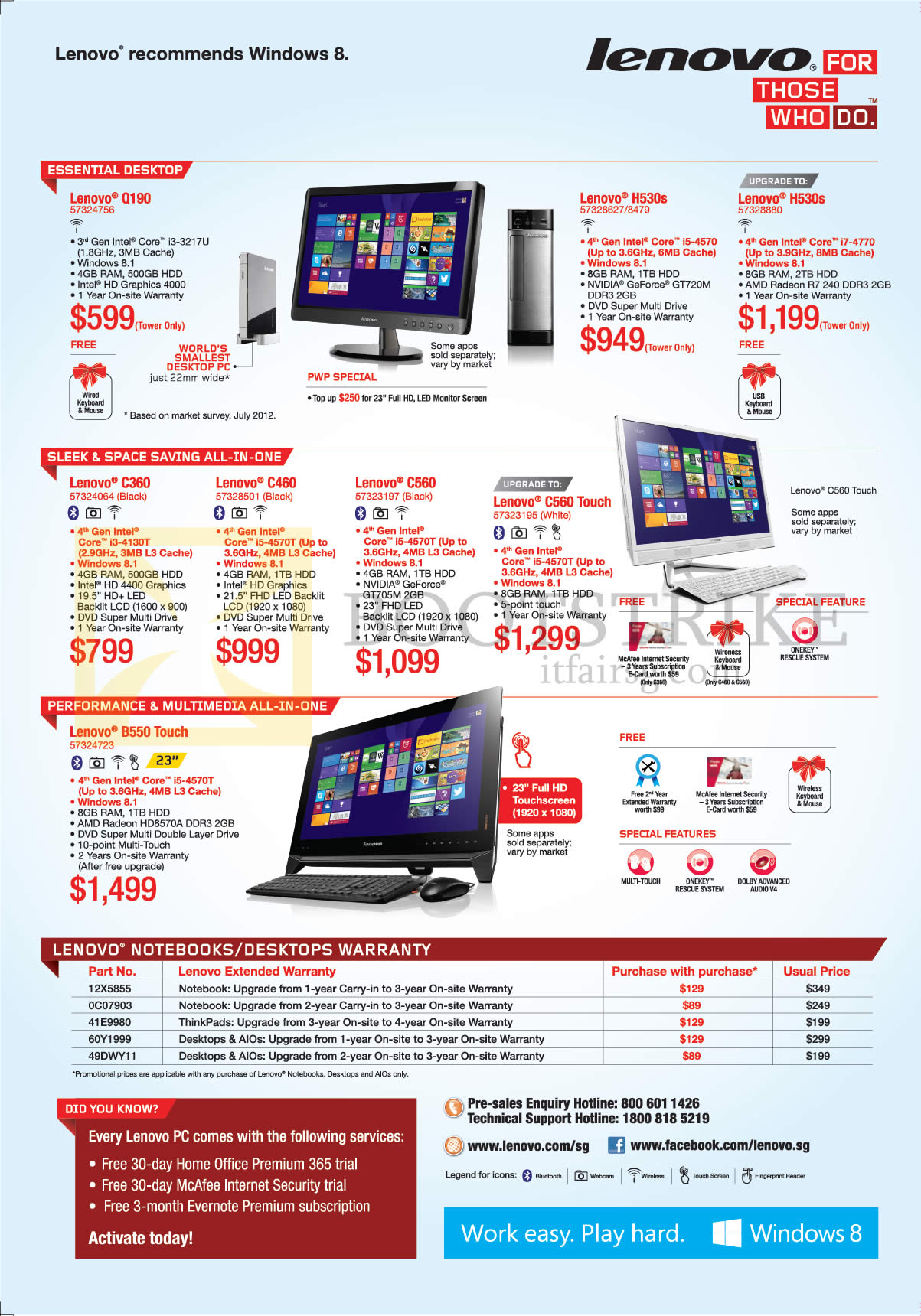 PC SHOW 2014 price list image brochure of Lenovo Desktop PCs, AIO, Warranty, Q190, H530s, C360, C460, C560, C560 Touch, B550 Touch