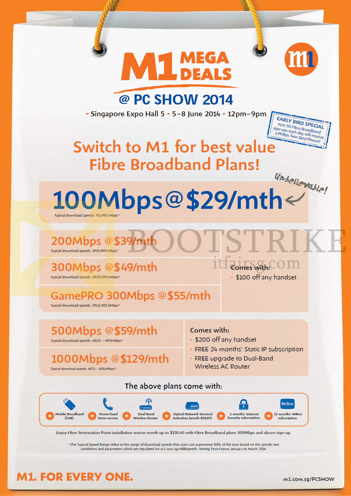 PC SHOW 2014 price list image brochure of M1 Broadband Fibre 100Mbps 29.00, 200Mbps 39.00, 300Mbps 49.00, GamePro 300Mbps 55.00, 500Mbps 59.00, 1Gbps 129.00