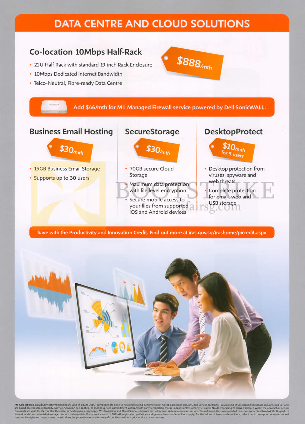 PC SHOW 2014 price list image brochure of M1 Business Co-Location 10Mbps Half-Rack, Business Email Hosting, SecureStorage, DesktopProtect