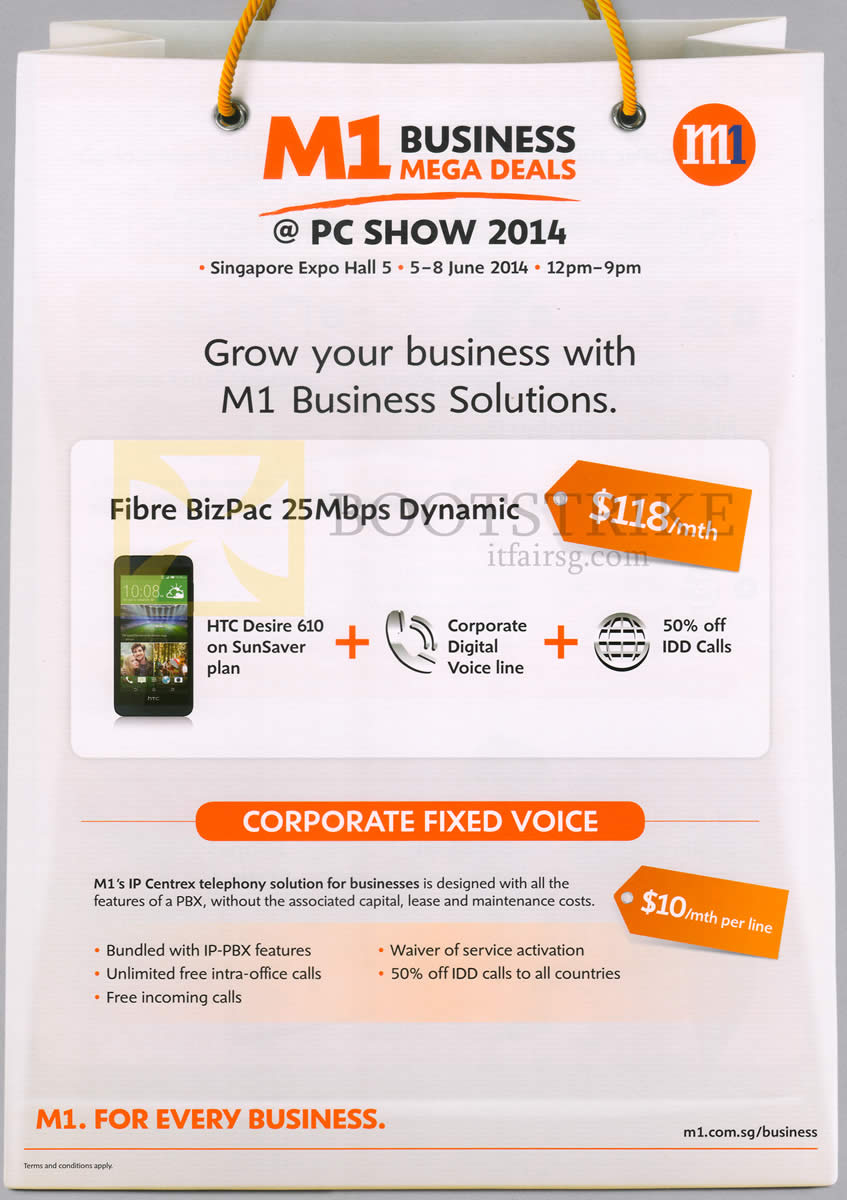 PC SHOW 2014 price list image brochure of M1 Business Fibre BizPac 25Mbps Dynamic, Corporate Fixed Voice