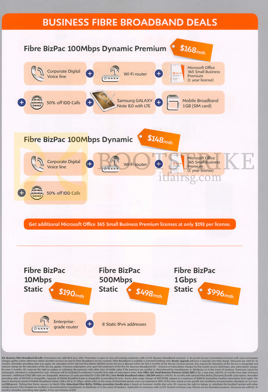PC SHOW 2014 price list image brochure of M1 Business Fibre Broadband BizPac 100Mbps 10Mbps Static, BizPac 1Gbps
