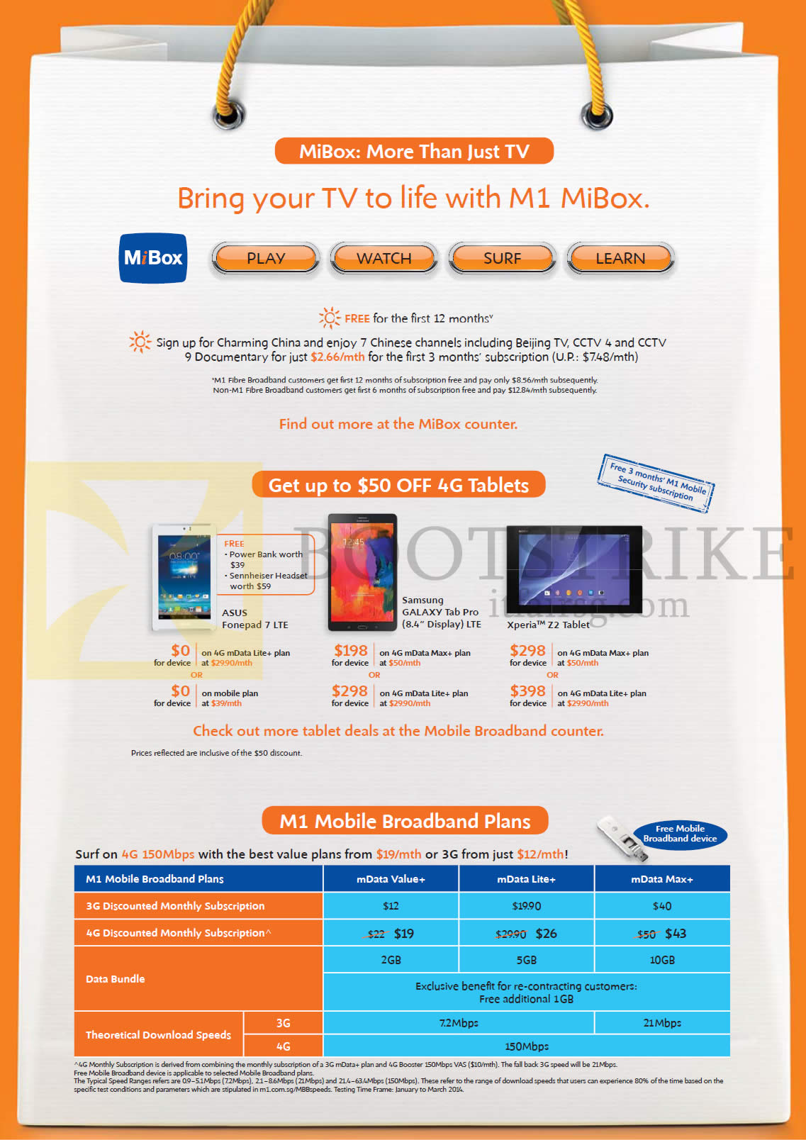 PC SHOW 2014 price list image brochure of M1 MiBox TV, Mobile Broadband ASUS FonePad 7, Samsung Galaxy Tab Pro 8.4, Sony Xperia Z2, MDada Value Lite Max Plus