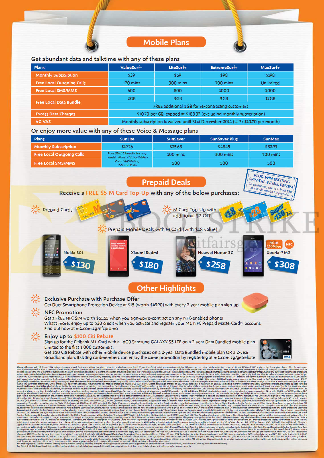 PC SHOW 2014 price list image brochure of M1 Mobile Plans, Prepaid Deals Nokia 301, Xiamo Redmi, Huawei Honor 3C, Sony Xperia M2