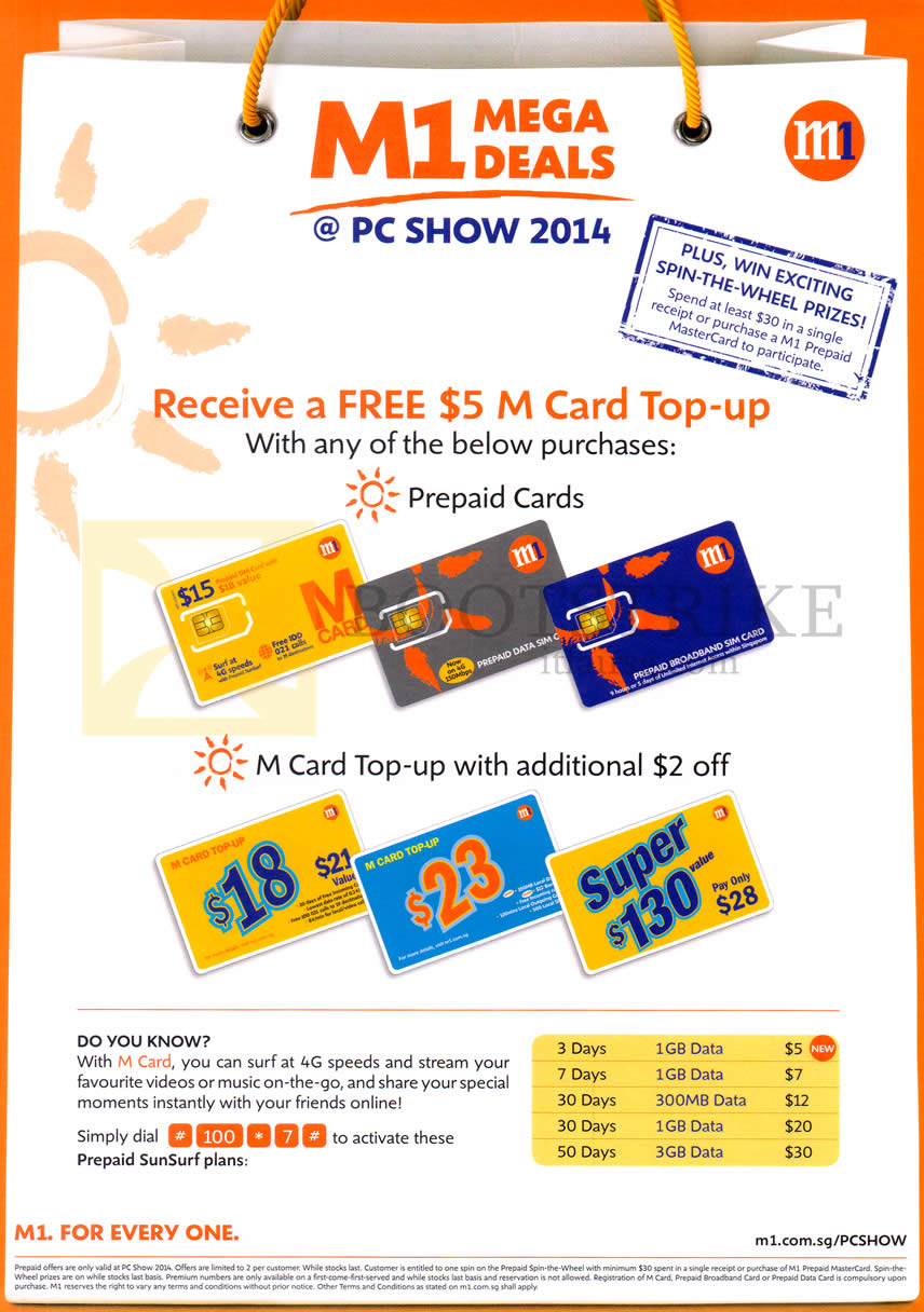 PC SHOW 2014 price list image brochure of M1 Prepaid Free 5 Dollar M Card Top Up