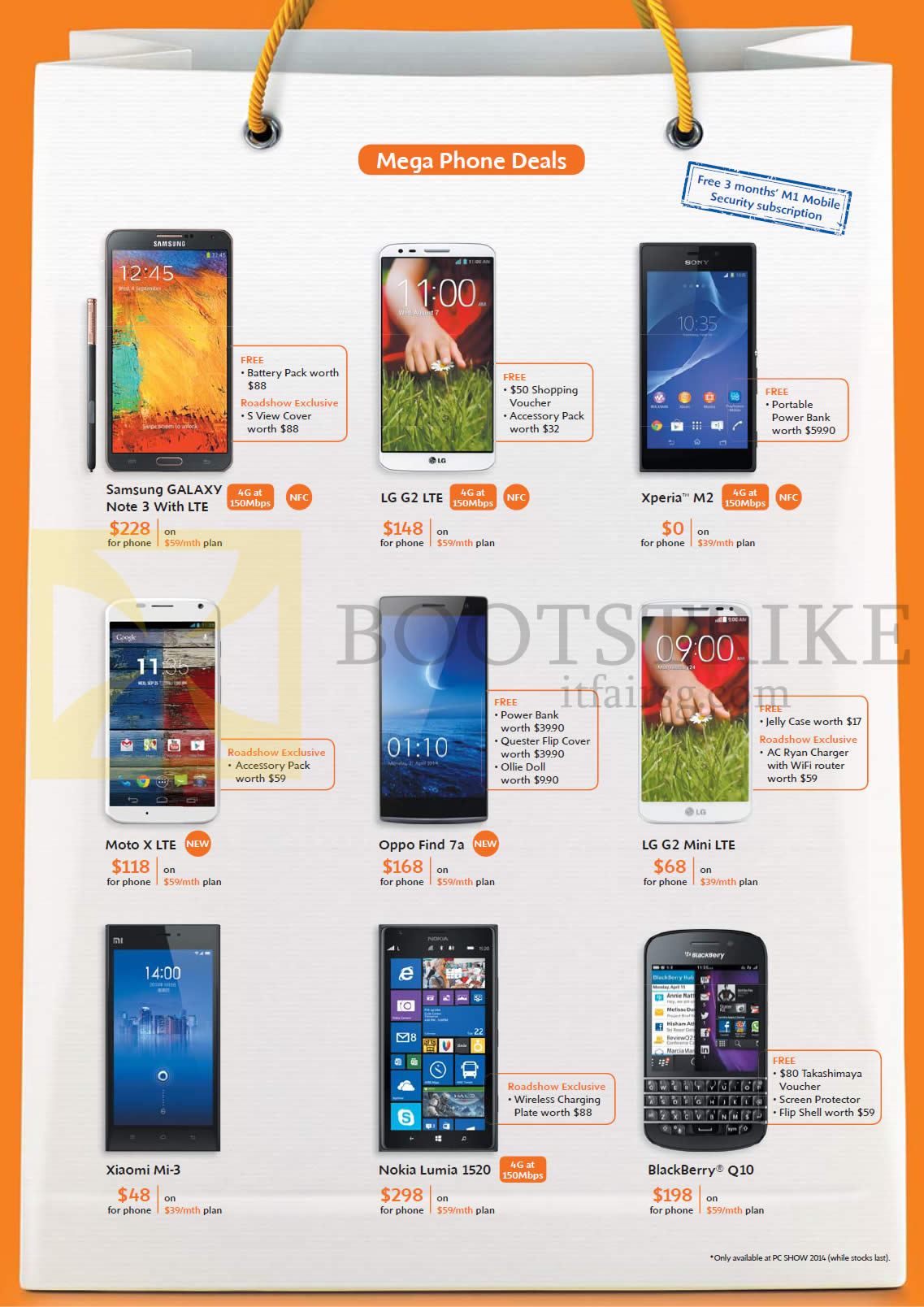 PC SHOW 2014 price list image brochure of M1 Samsung Galaxy Note 3, LG G2, Sony Xperia M2, Moto X, Oppo Find 7a, LG G2 Mini, Xiaomi Mi-3, Nokia Lumia 1520, Blackberry Q10