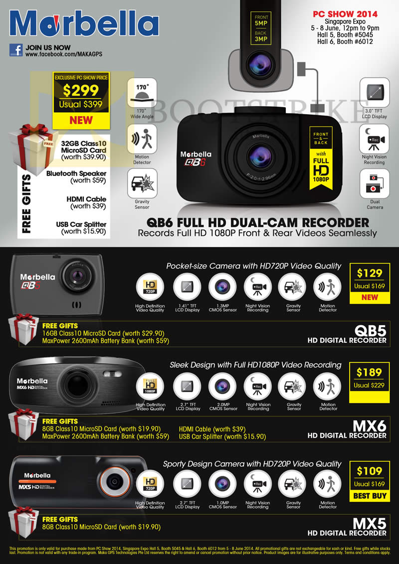 PC SHOW 2014 price list image brochure of Maka GPS Marbella QB6 Car Video Recorder, QB5, MX6, MX5