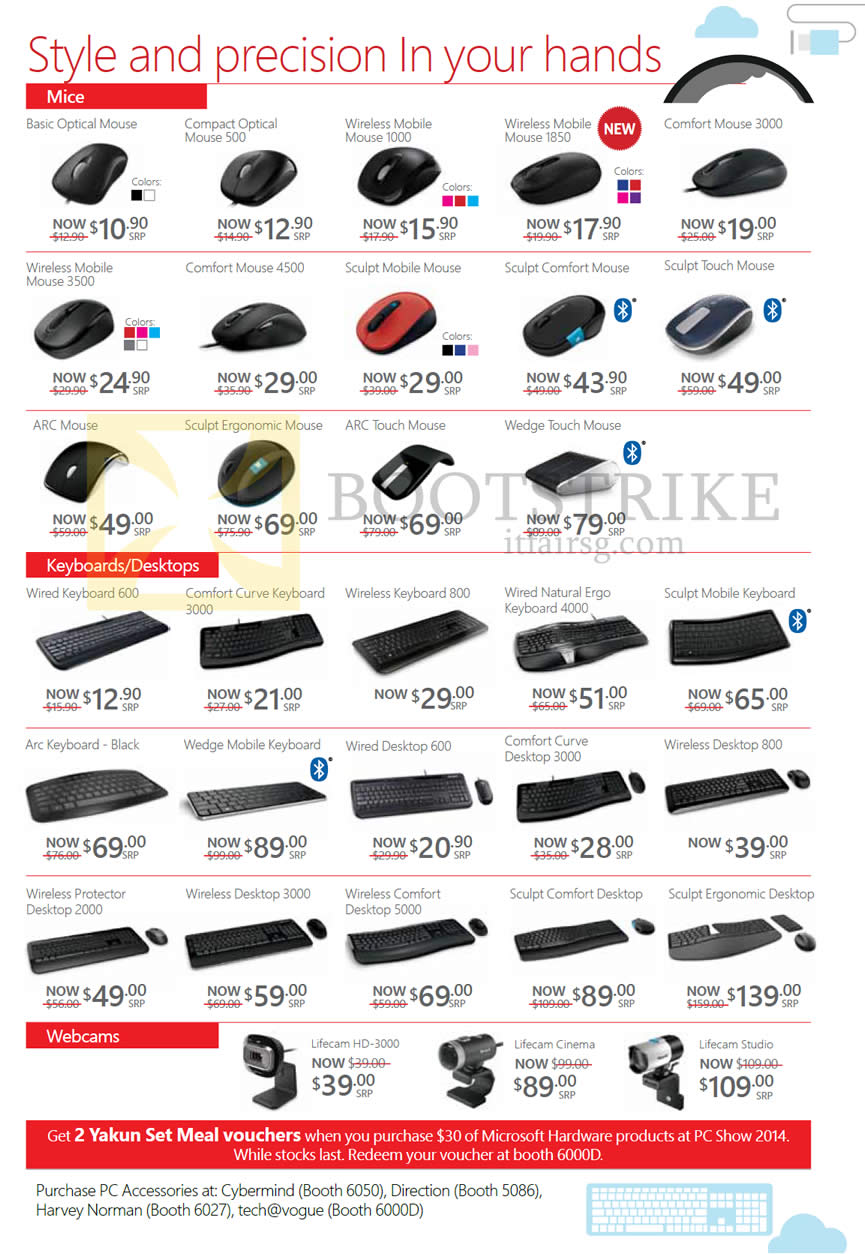 PC SHOW 2014 price list image brochure of Microsoft Accessories Mouse, Keyboards, Webcam, Comfort, Wireless Mobile, Sculpt, Arc, Touch, Arc, Wedge, Curve, Natural, Ergonomic Desktop, Lifecam