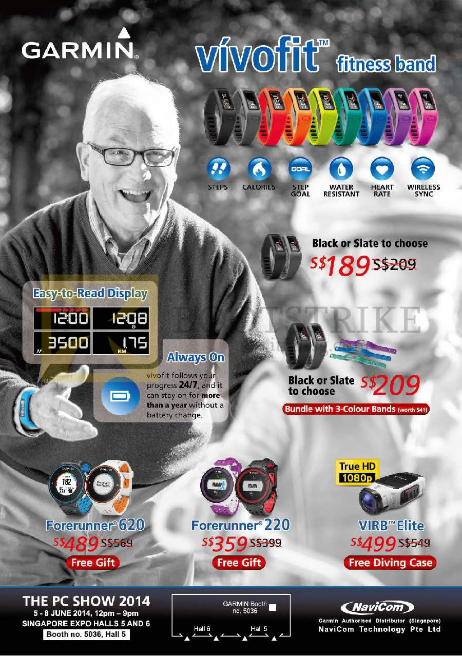 PC SHOW 2014 price list image brochure of Navicom Garmin GPS Watches Vivofit Fitness Band, Forerunner 620 220 Virb Elite