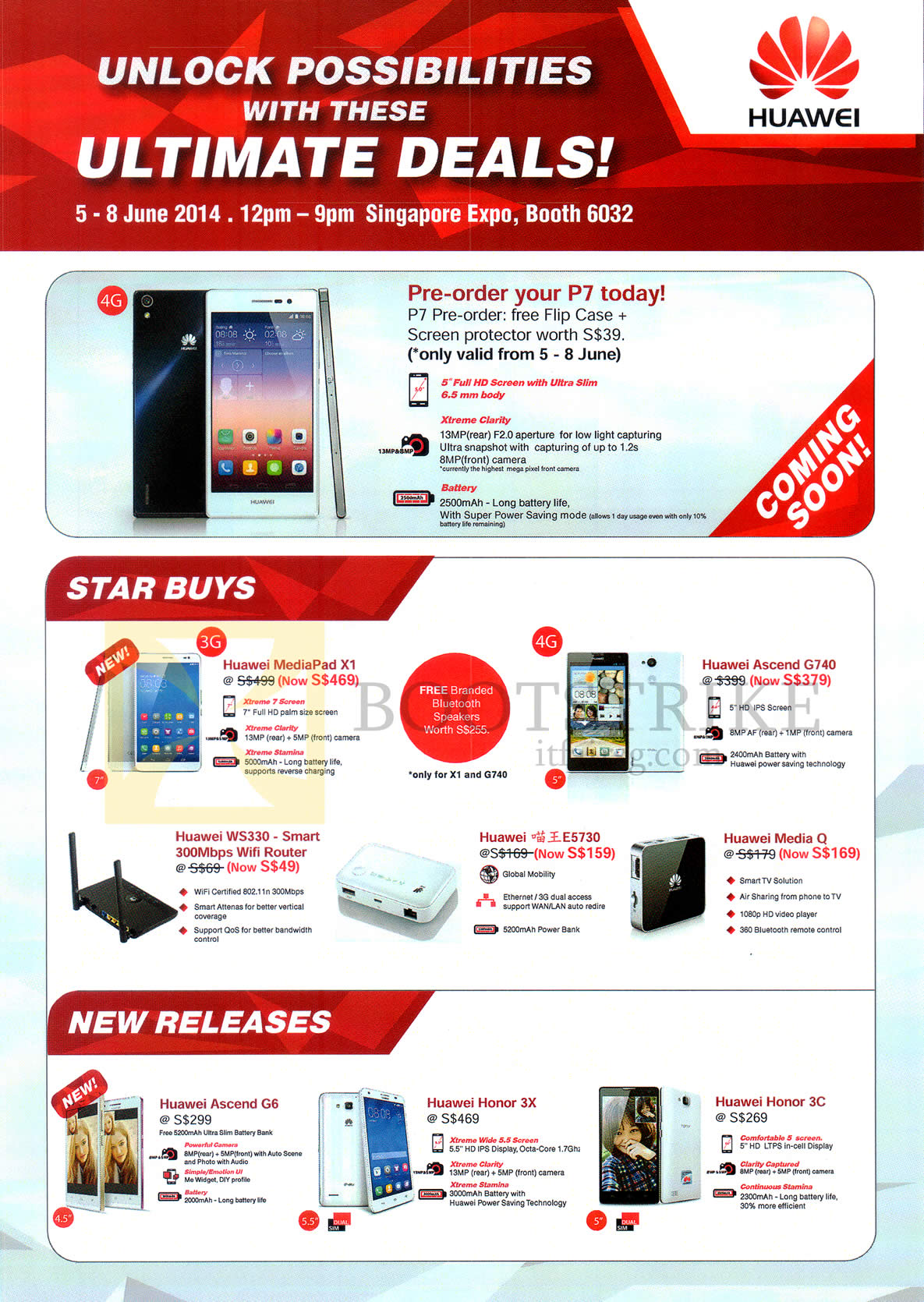 PC SHOW 2014 price list image brochure of Newstead Huawei Mobile Phones, Wifi Routers, MediaPad X1, Ascend G740, G6, Honor 3X, 3C, WS330, E5730, Media Q