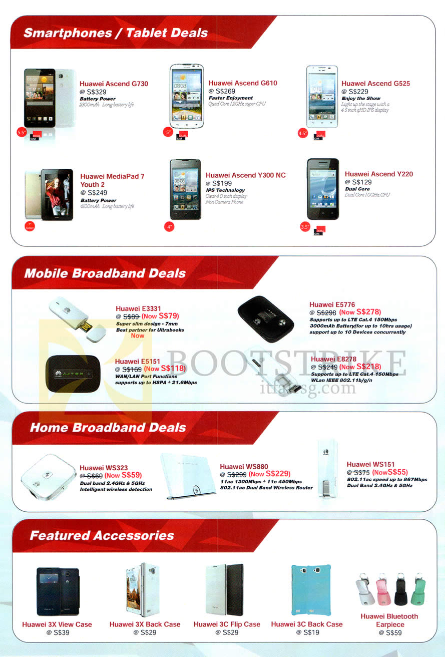 PC SHOW 2014 price list image brochure of Newstead Huawei Smartphone Ascend G730 Mediapad 7 G610 Y300 G525 Y220, 3G Router Modem 4G USB Dongle Tablet, Mobile Broadband. Home Broadband