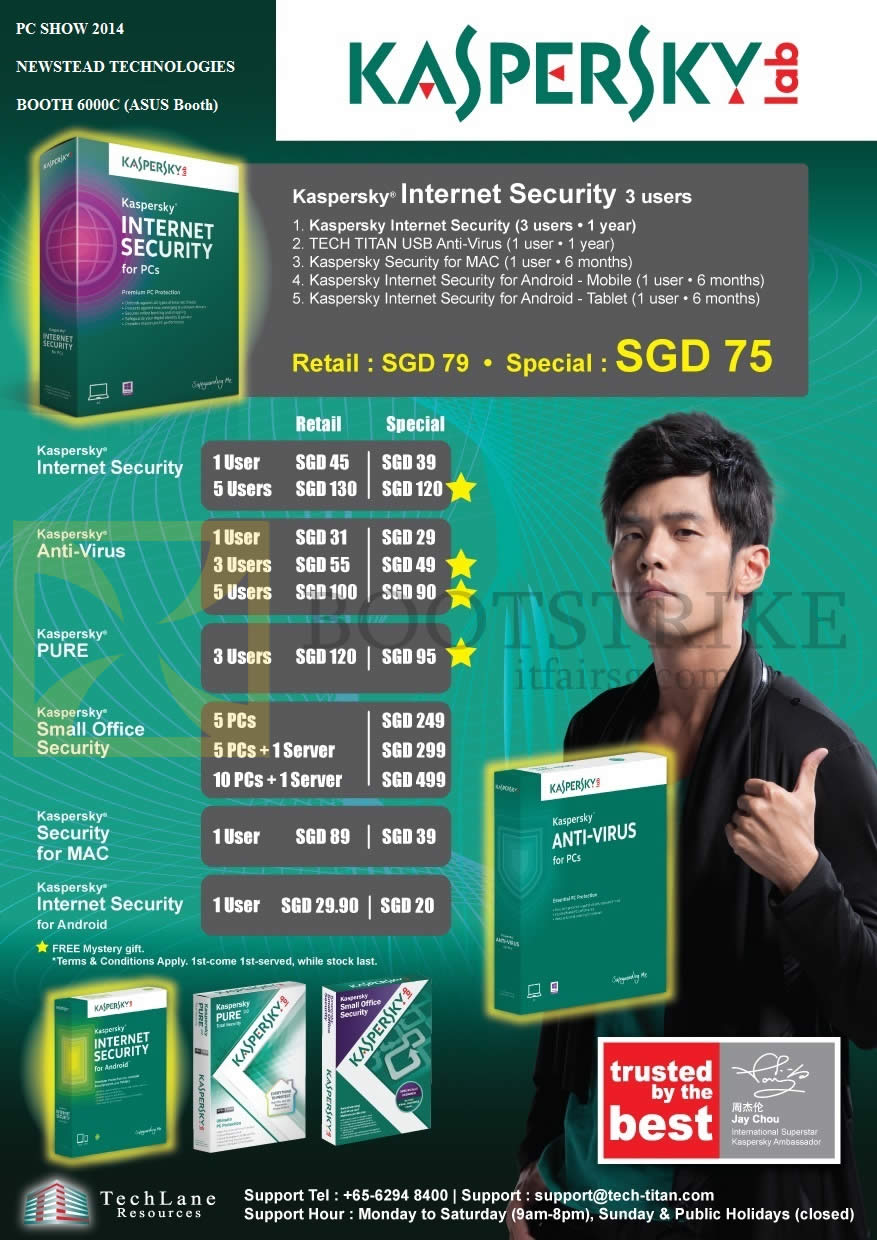 PC SHOW 2014 price list image brochure of Newstead Kaspersky Internet Security, Anti-Virus, Pure, Small Office Security, Security For Mac, Android