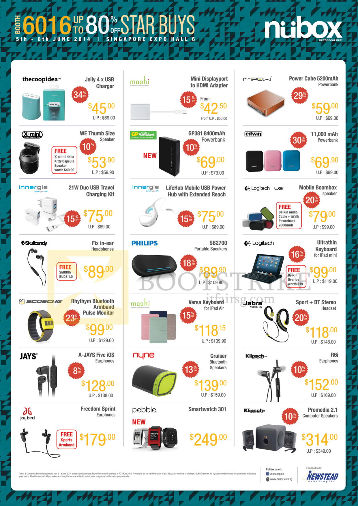 PC SHOW 2014 price list image brochure of Nubox Accessories Moshi, X-Mini, Power Banks, Innergie, Logitech, Skullcandy, Philips, Jabra, Jays, Klipsch Promedia 2.1 Speakers R6i Earphones