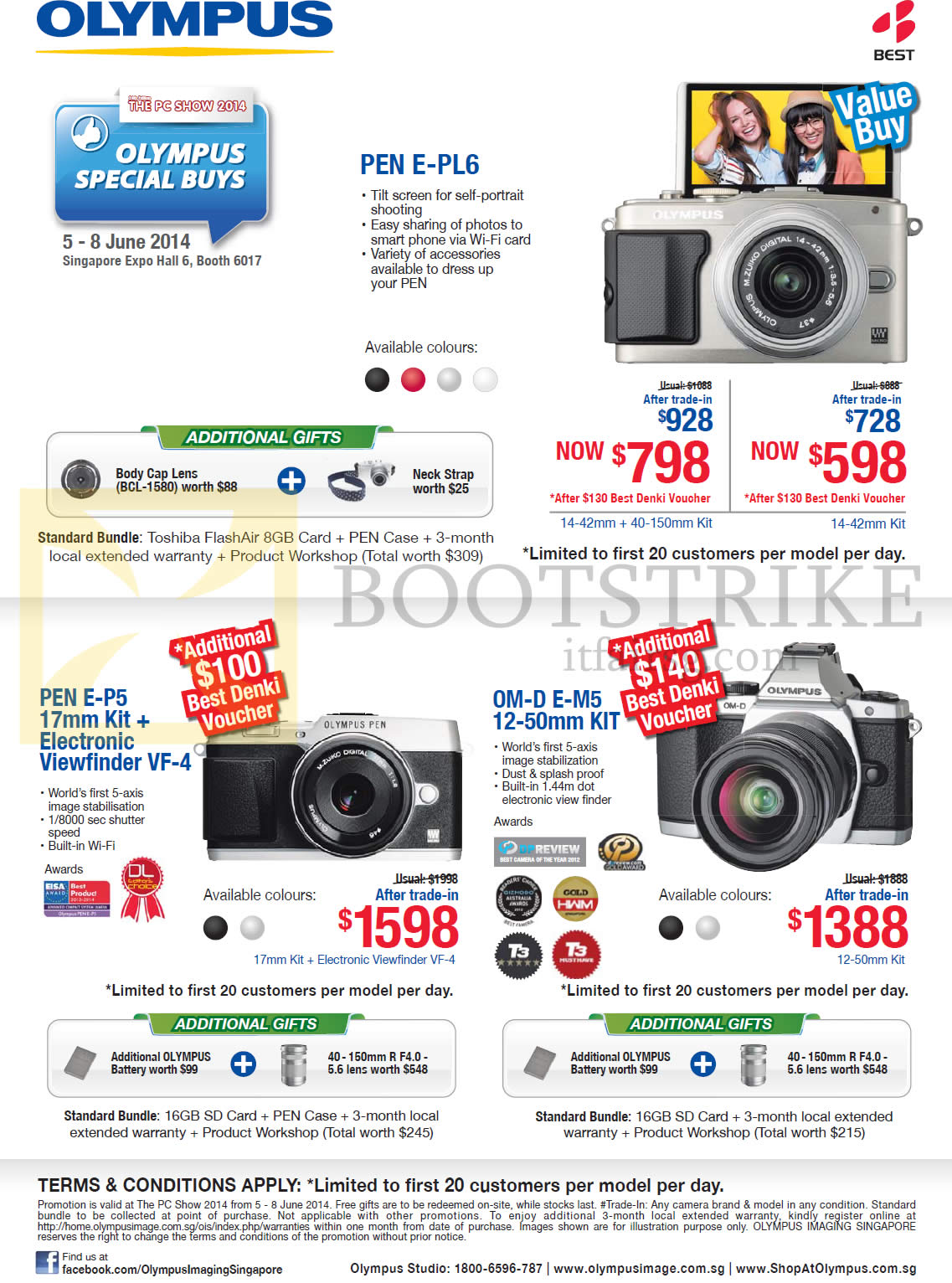 PC SHOW 2014 price list image brochure of Olympus Digital Cameras Pen E-PL6, Pen E-P5, OM-D E-M5