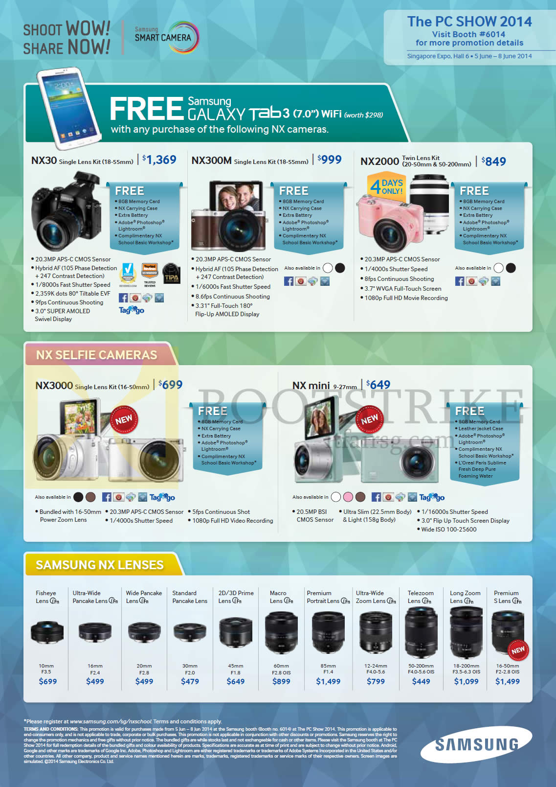PC SHOW 2014 price list image brochure of Samsung Digital Cameras, NX Lenses, NX30, NX300M, NX2000, NX3000, NX Mini